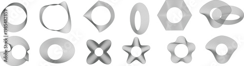 Abstract wave  lines and black-and-white radial ripple patterns. Modern dynamic audio waveform design elements suitable for banners, posters. Abstract sound wave vector illustration set with circular 