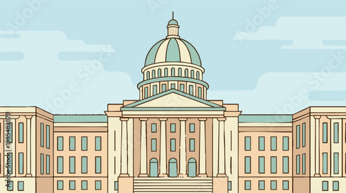 Flat design illustration of a classical style government building with a dome