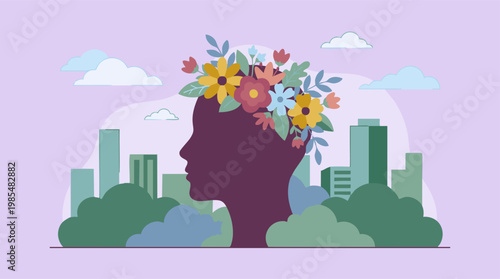 Head with flowers in cityscape, symbolizing mental wellness and inner growth