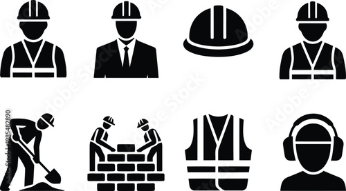 Construction worker icons diverse roles and safety gear illustrations