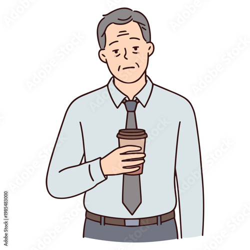 A man in a business shirt and tie looks unhappy holding a coffee cup.