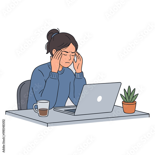 Stressed woman sitting at desk with laptop and coffee cup crying