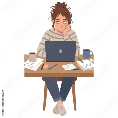 Woman sitting at desk working on laptop with papers and coffee