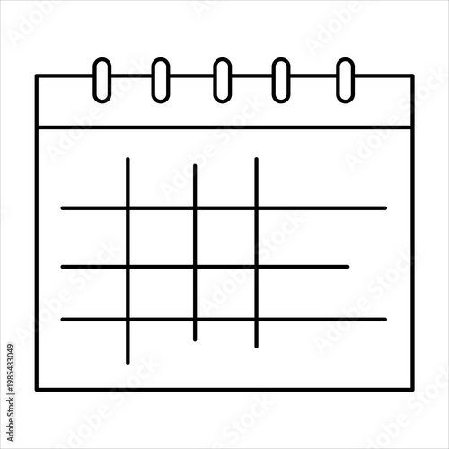 A simple, clean, black and white line drawing of a calendar with a spiral binding at the top and a grid of squares representing days.