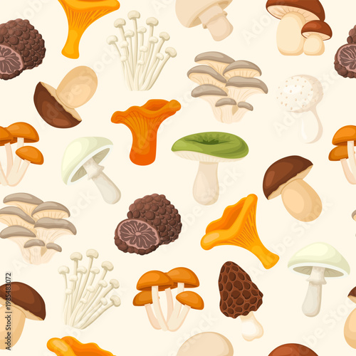 Seamless vector pattern with mushrooms. Modern cartoon-style background, nature illustration with mushrooms. Suitable for children's clothing, autumn decorations, and Thanksgiving cards.