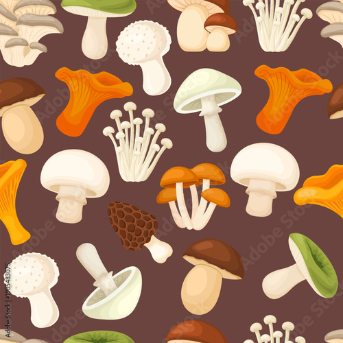 Seamless vector pattern with mushrooms. Modern cartoon-style background, nature illustration with mushrooms. Suitable for children's clothing, autumn decorations, and Thanksgiving cards.