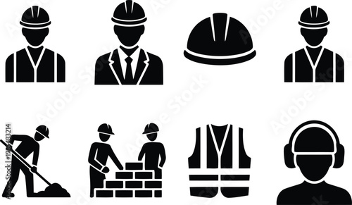Construction worker icons diverse roles and safety equipment illustrations