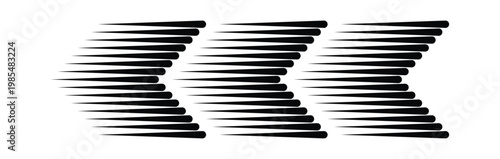 Racing arrow speed streaks in layered motion style, triple directional arrows with blur lines, motorsport velocity symbol, isolated graphic for formula one race events