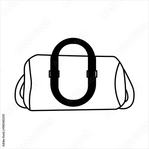 A simple black and white line drawing of a duffel bag with handles.