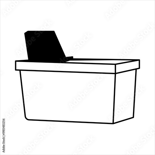 A simple black and white line drawing of a ballot box with a single vote being cast into it.