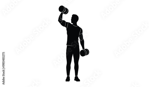 A stark black silhouette depicts a muscular man lifting dumbbells overhead showcasing strength and fitness training a powerful silhouette high quality professional detailed modern