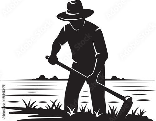 Black silhouette farmer, man working in field, agricultural laborer, farming vector