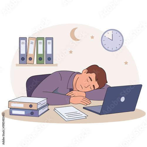 Man falls asleep at desk with laptop on table next to books and papers