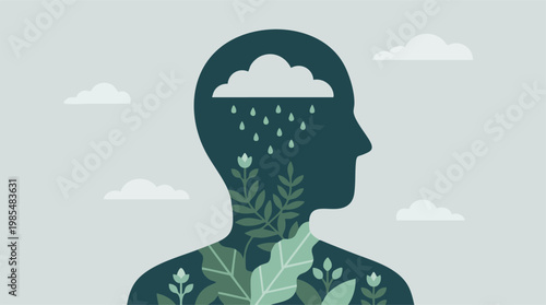 Nurturing mental well-being: rain cloud and plants inside a human head