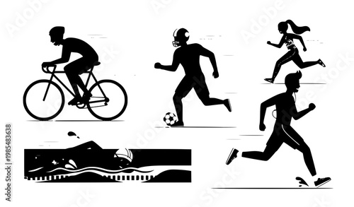 Sport cartoon characters collection with cycling football swimming and jogging people vector illustration