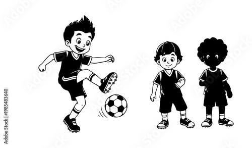 Cute kids sport cartoon set with soccer basketball tennis baseball and running characters vector illustration
