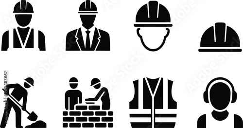 Construction worker icons safety gear and various job roles depicted in black
