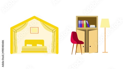 Modern Bedroom With Study Corner. Home Interior Icon concept. Full length Icon animation illustration. High quality 4k footage