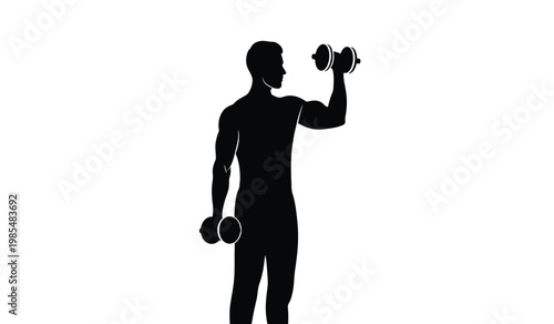 A muscular man is depicted lifting dumbbells in a side view showcasing strength and fitness in silhouette high quality professional detailed modern elegant stylish