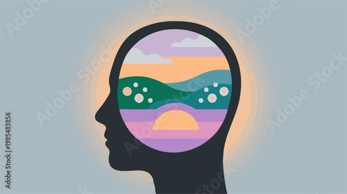 Mindfulness and Inner Peace: Stylized Landscape within Human Head Silhouette