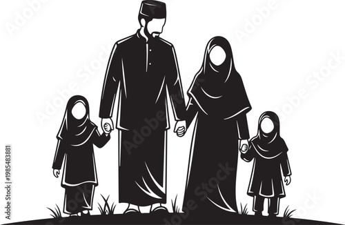 Muslim family, Islamic, black, vector, illustration, family, parents, kids, hijab, traditional, clothing