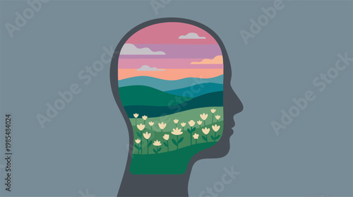 Peaceful landscape within a human head, representing thoughts and well-being