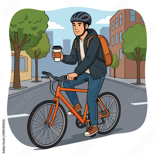Man riding bicycle on city street with coffee cup in hand