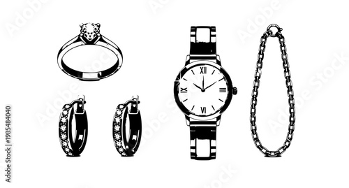 Golden jewelry vector set with ring earrings watch chain elegant flat accessories isolated on white