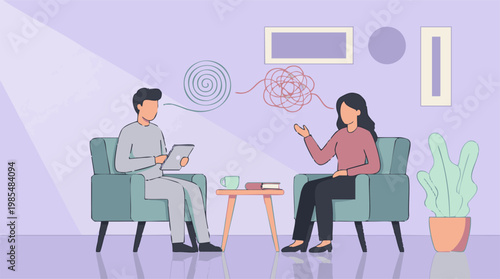 Therapy session illustration, female patient discussing issues with psychologist