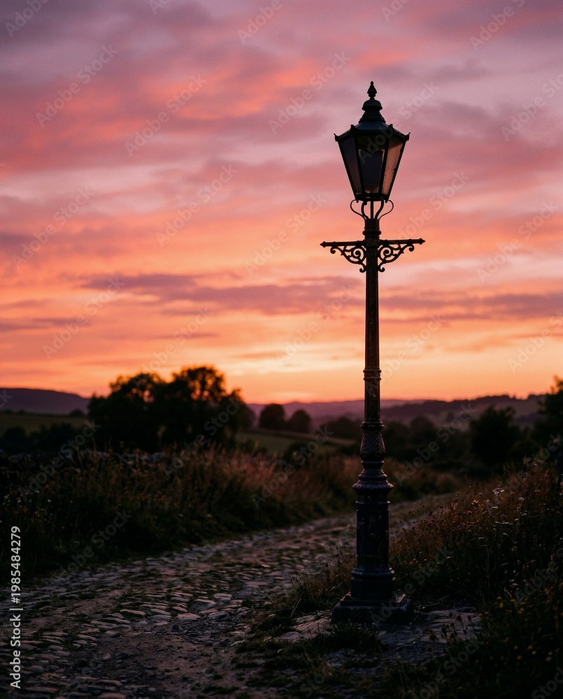 Obraz premium Vintage street lamp illuminating cobblestone path at sunset 