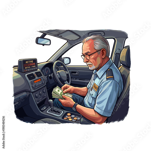 An older man in a uniform sits in a car counting money.