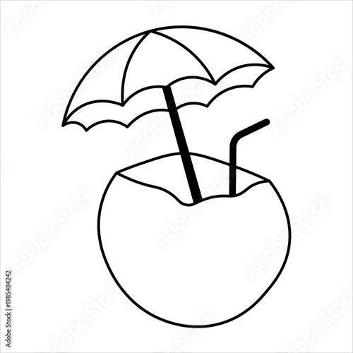 A simple black and white line drawing of a halved coconut with a straw and a small umbrella sticking out, suggesting a tropical beverage.
