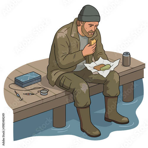 Man eating on a dock with fishing gear nearby outdoors