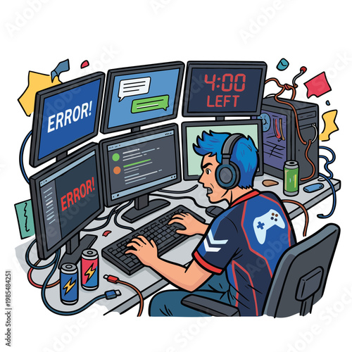 A gamer sits at a cluttered desk with multiple computer monitors displaying errors while wearing a headset and typing on a keyboard.