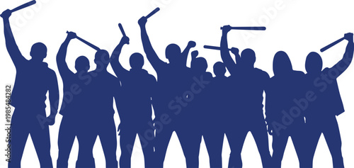 Protesters holding signs and banners raise their arms in a unified display of collective activism.