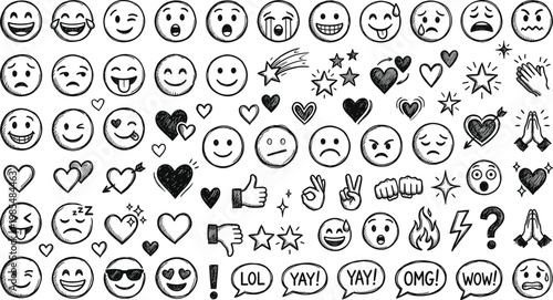 A whimsical black and white doodle collection featuring various expressive faces hearts stars and playful symbols