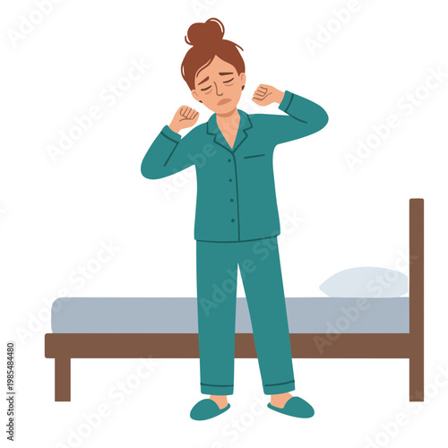 Woman in pajamas exercising arms near a bed in bedroom