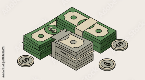 Isometric illustration of stacked dollar banknotes and coins, finance concept