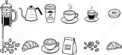 A collection of coffee brewing equipment and pastries in a sketch like illustration