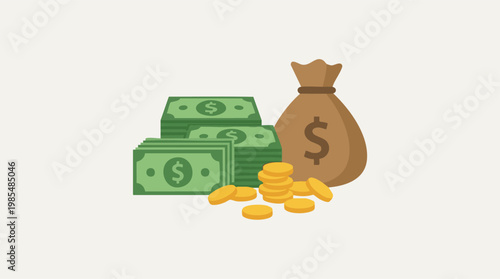 Stacks of cash, gold coins, and a money bag on a light background