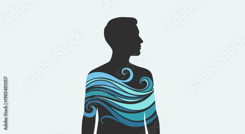 Silhouette of a person with flowing blue waves representing water or air within their chest area, symbolizing vitality and well-being