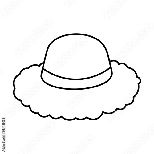 A simple black and white outline drawing of a wide-brimmed hat with a band around the crown, suitable for coloring.