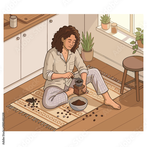 A woman sits on a rug in a kitchen grinding coffee beans on the floor.