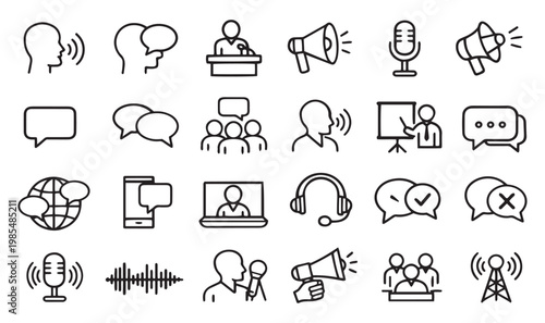 public speaking communication and broadcasting business presentation line icons vector