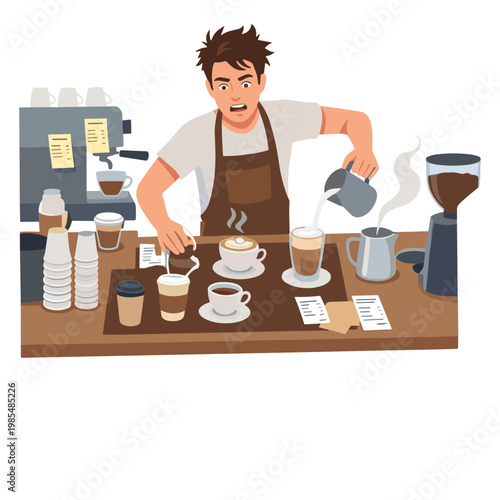 Man pouring coffee into cups on a cluttered counter in a cafe