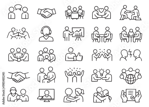 human relationships and social interaction teamwork minimal outline icon set