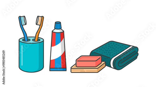 Toothbrushes and toothpaste with towel.