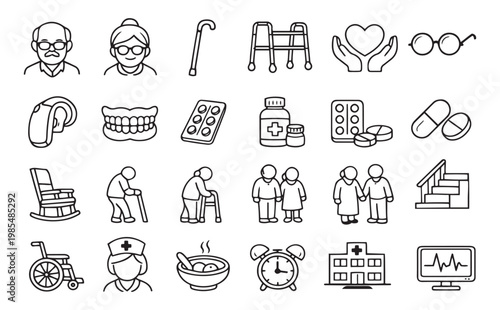 elderly care and senior citizen medical health outline icon set
