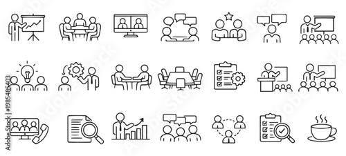 business meeting and office conference teamwork minimal outline icon set