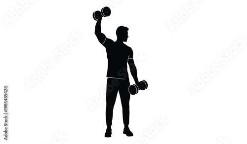A striking black silhouette depicts a muscular man lifting dumbbells overhead during a strength training exercise silhouette high quality professional detailed modern elegant stylish